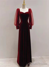 Wine Red Velvet Long Sleeves Floor Length Bridesmaid Dress, Wine Red Long Prom Dress